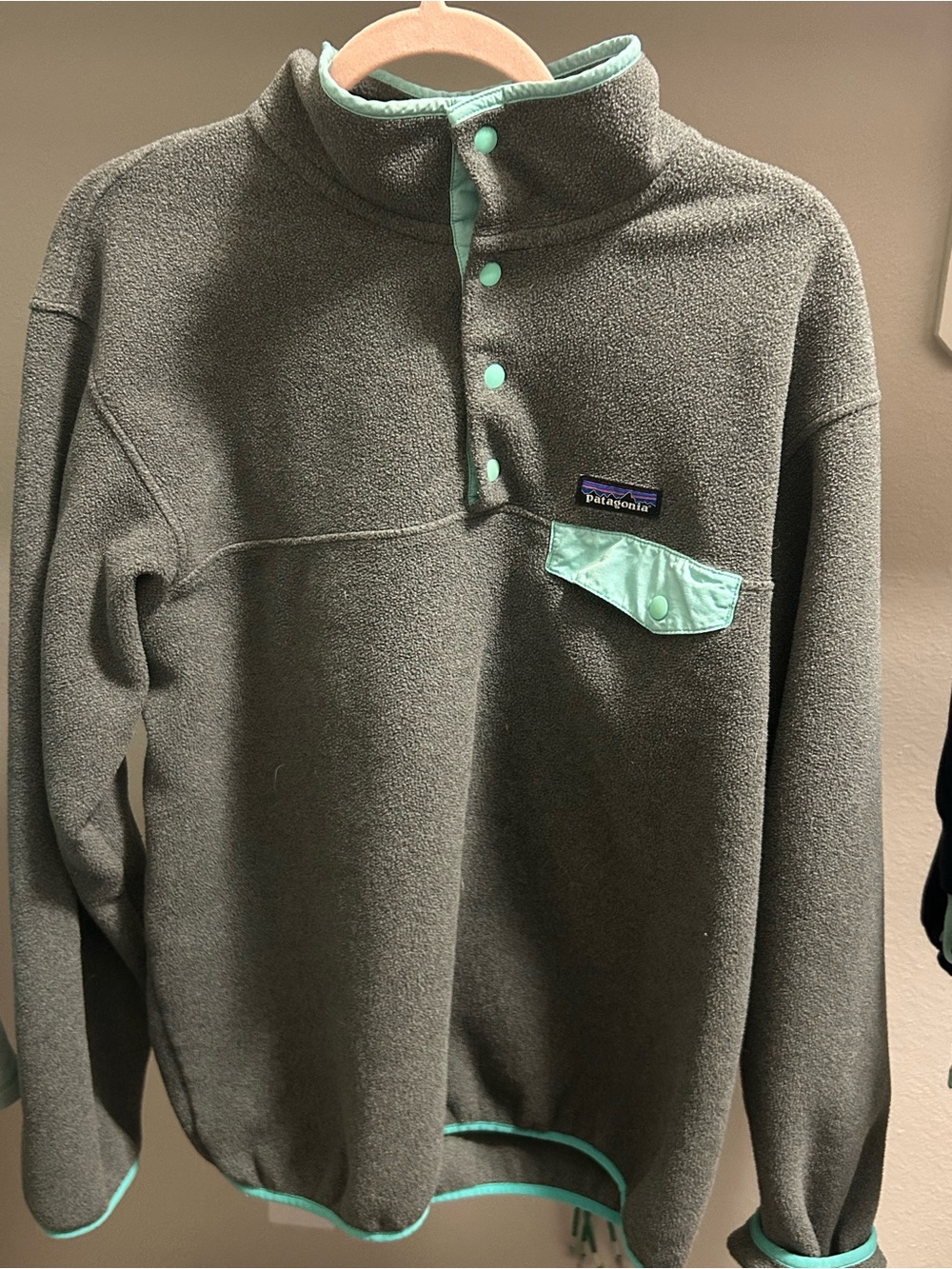 Patagonia Synchilla Fleece Pullover in Grey with Mint Trim